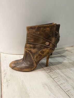 Dior Brown Distressed Leather Heeled Ankle Boot